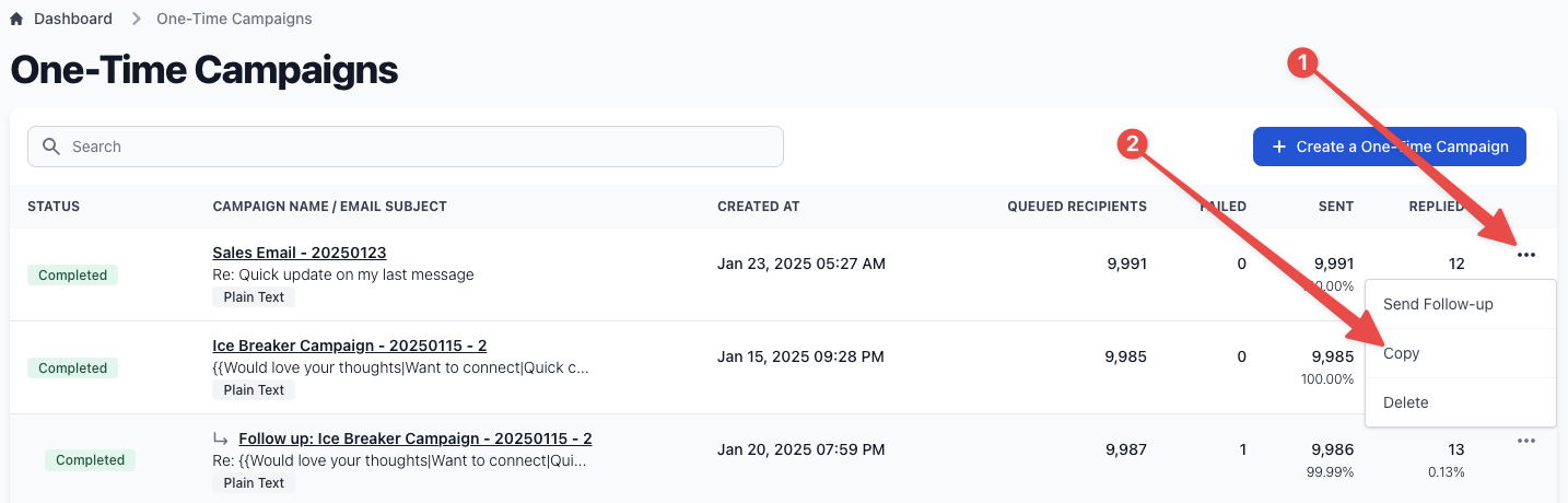 Campaign list showing the three dots menu icon and Copy option highlighted