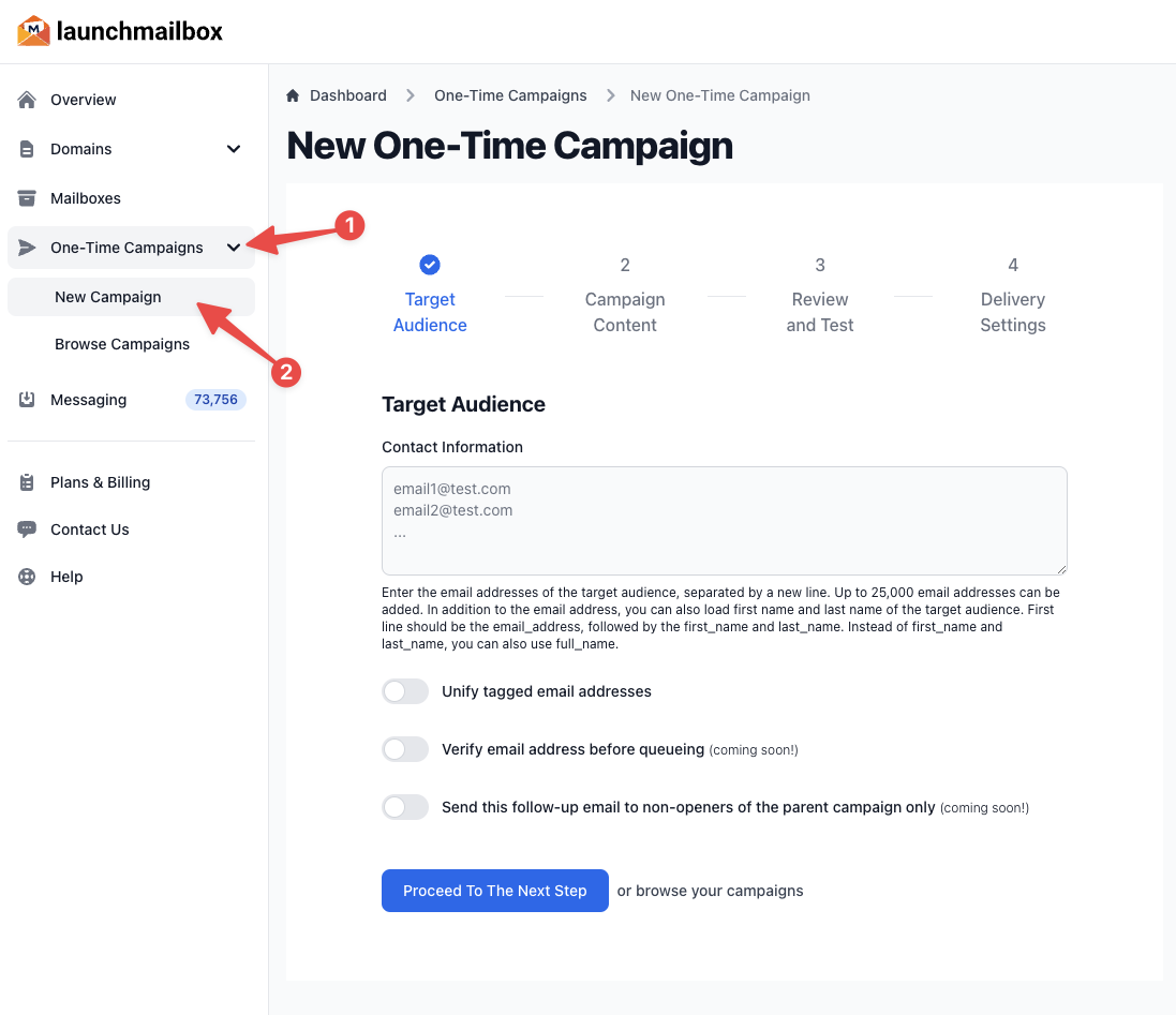 Left menu with "One-Time Campaigns" highlighted and "New Campaign" button