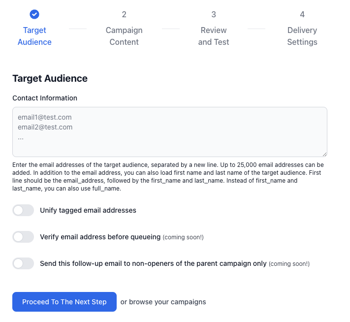 Contact import interface showing CSV upload area and "Unify tagged email addresses" toggle