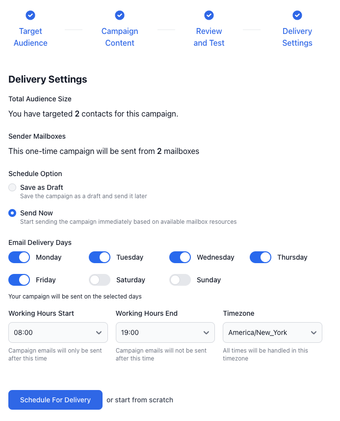 Schedule settings interface showing delivery options