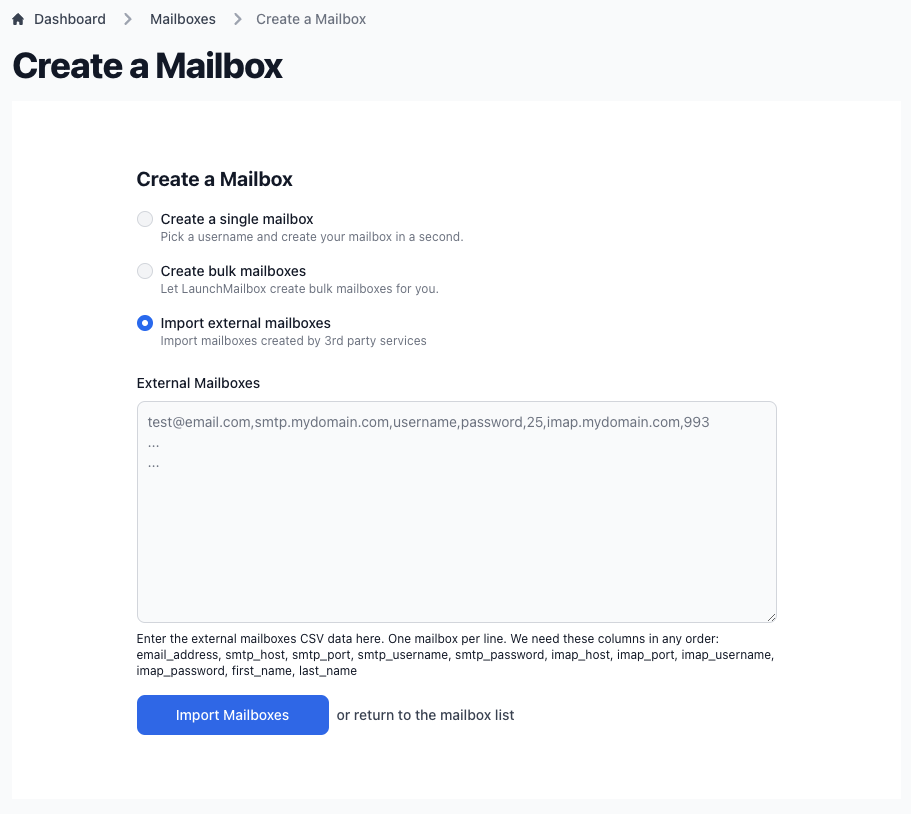 CSV import interface with example data