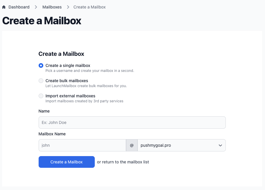 Single mailbox creation form with all fields visible