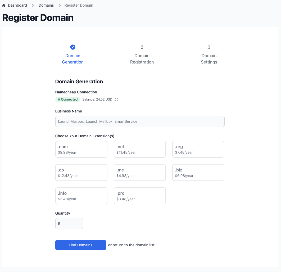 Domain search configuration form