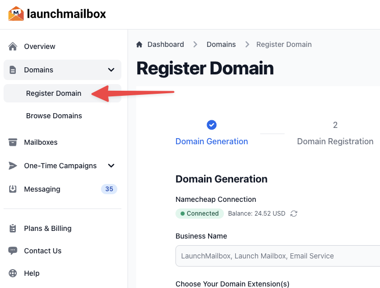 Left menu highlighting "Domains" and "Register Domain" options