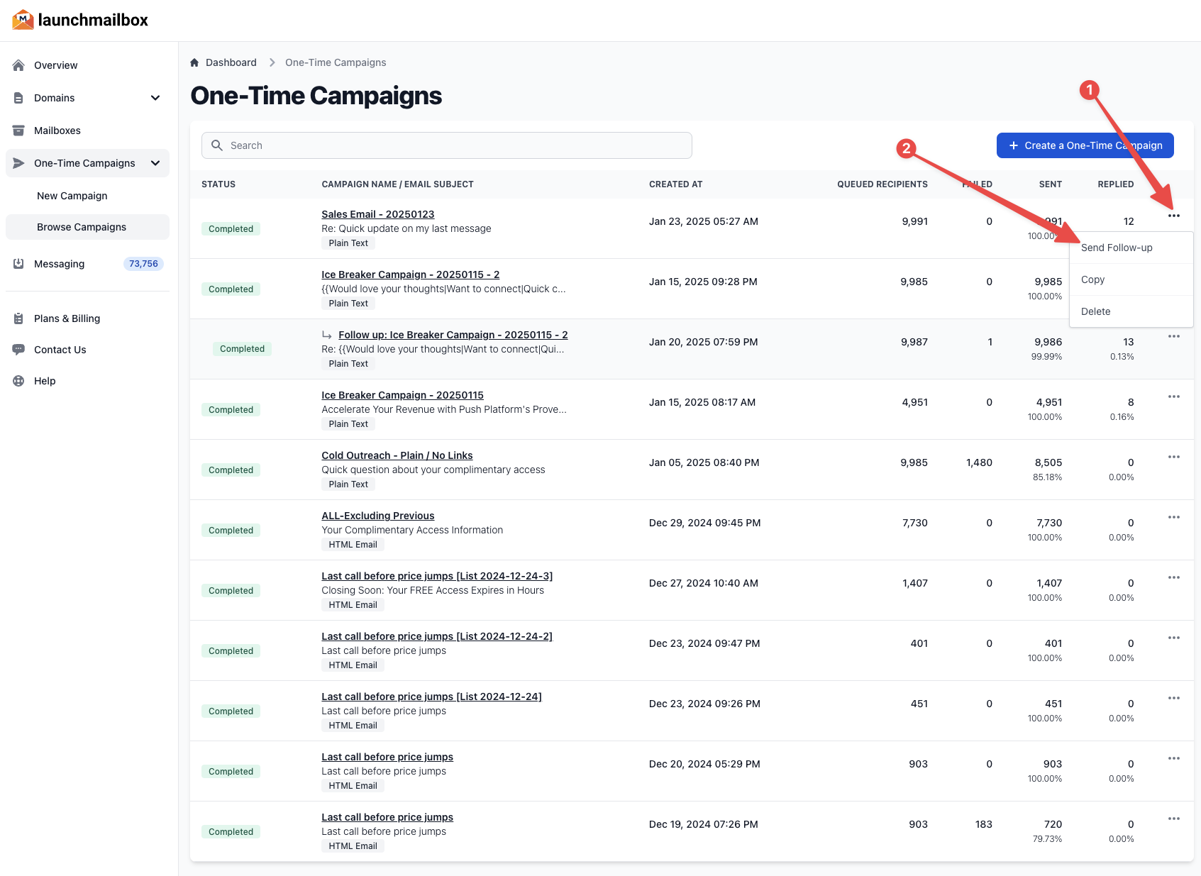 Campaign list showing the three-dots menu with "Send Follow-Up" option highlighted