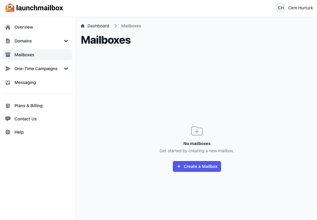 Mailboxes section showing empty state