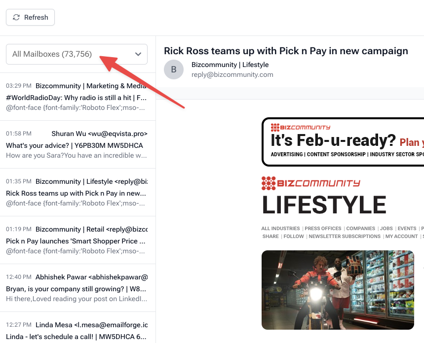 Mailbox filter dropdown showing options