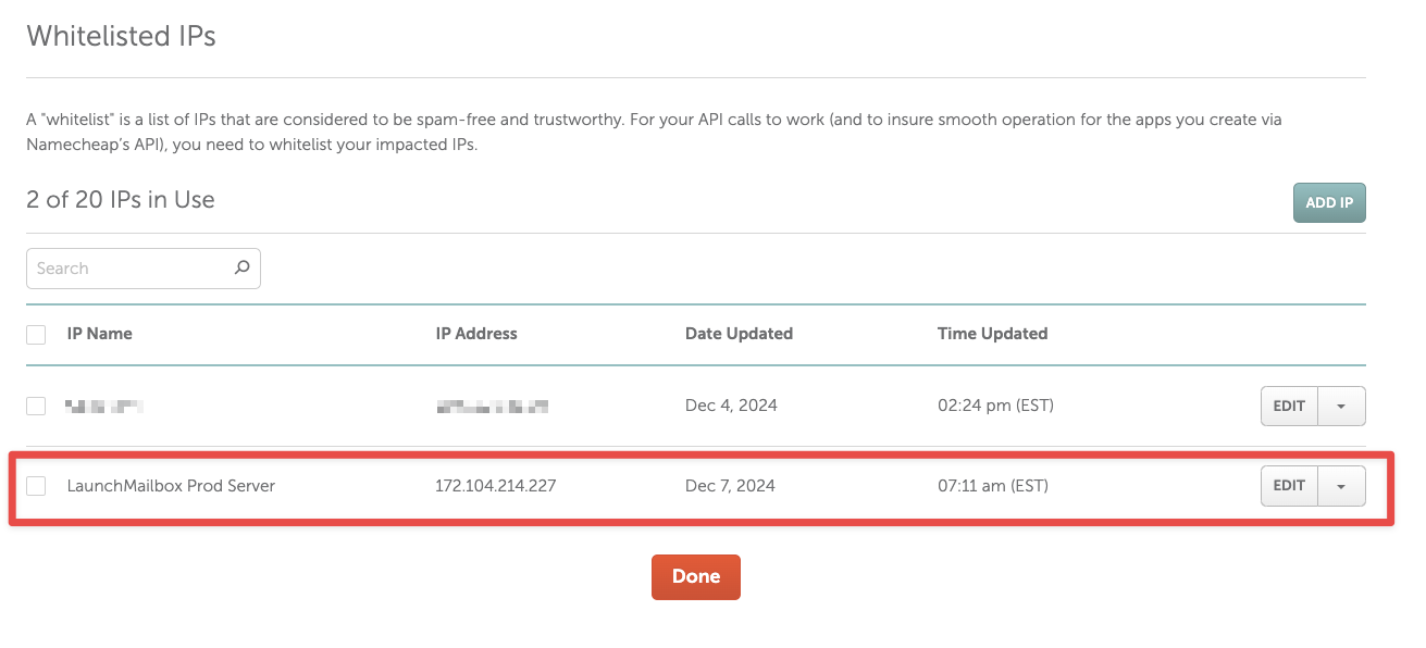 Whitelisted IPs edit screen with LaunchMailbox IP added