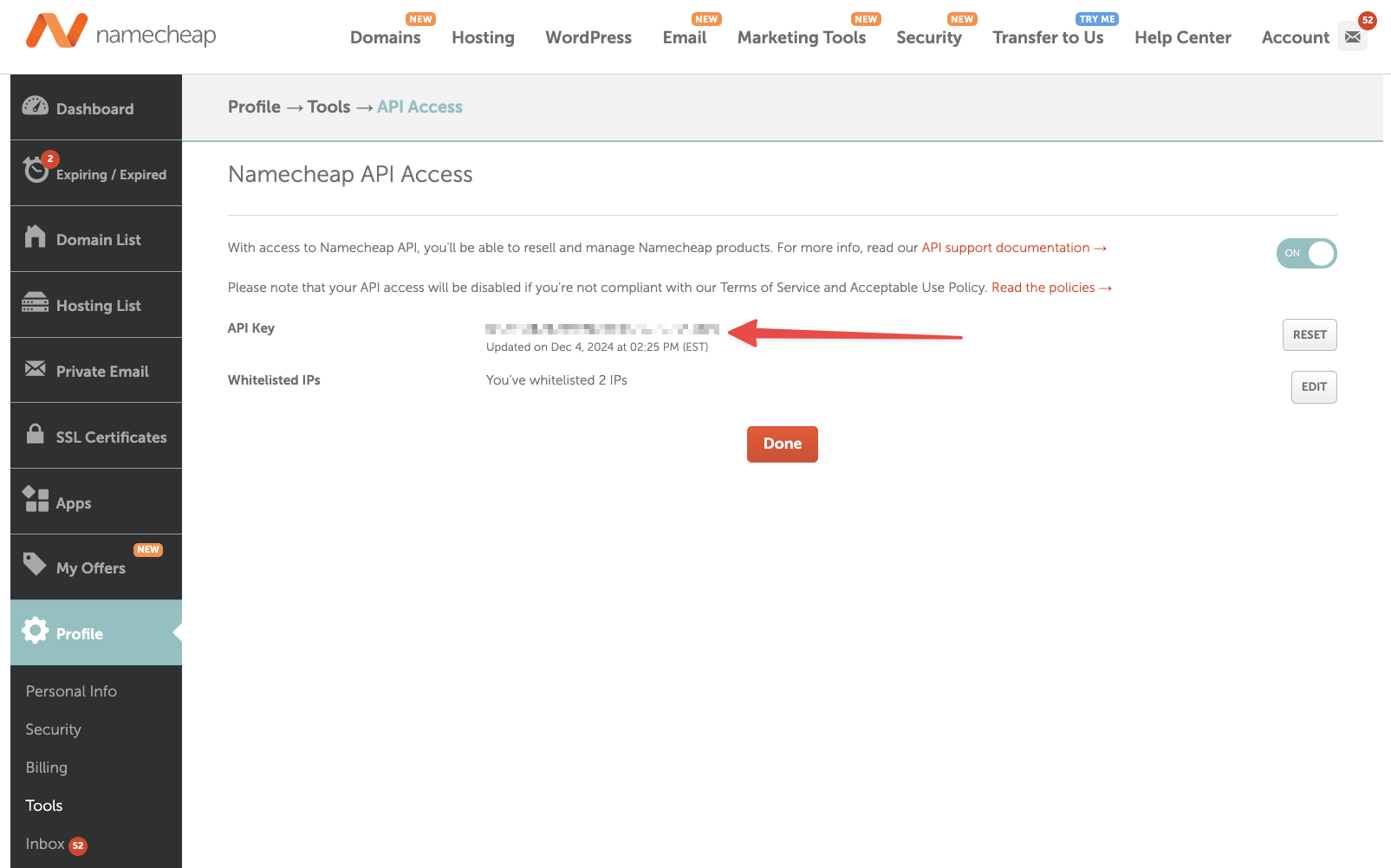 Namecheap API key section with key obscured